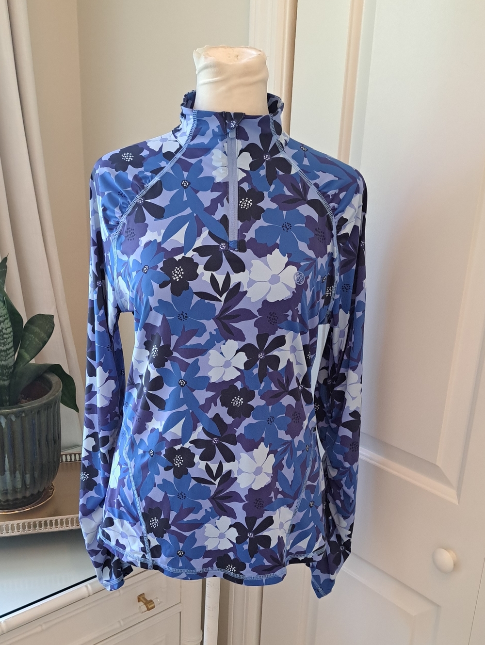 G/FORE Blue Floral Quarter-Zip Long Sleeve Tee